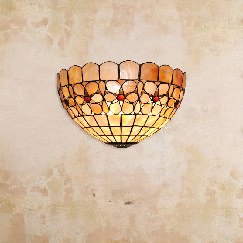 Flower Pattern Wall Light Tiffany Vintage Shell Wall Sconce in Beige/Pink-White for Corridor Office