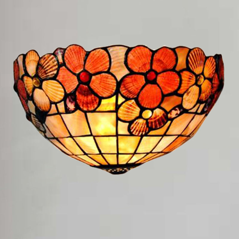 Flower Pattern Wall Light Tiffany Vintage Shell Wall Sconce in Beige/Pink-White for Corridor Office