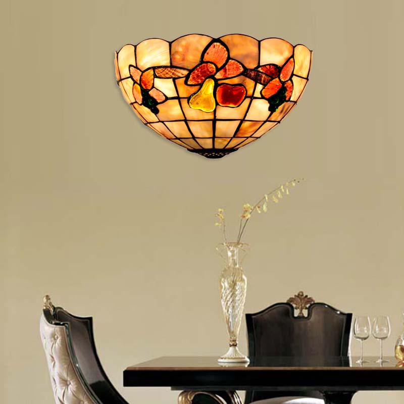 Petal Dining Room Wall Light with Fruits Shell Tiffany Antique Wall Sconce in Beige for Hotel