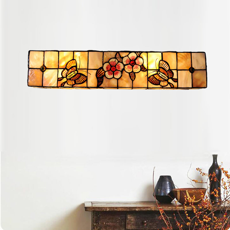 Tiffany Style Linear Wall Light with Square/Flower Pattern 2 Lights Shell Sconce Light in Beige for Living Room