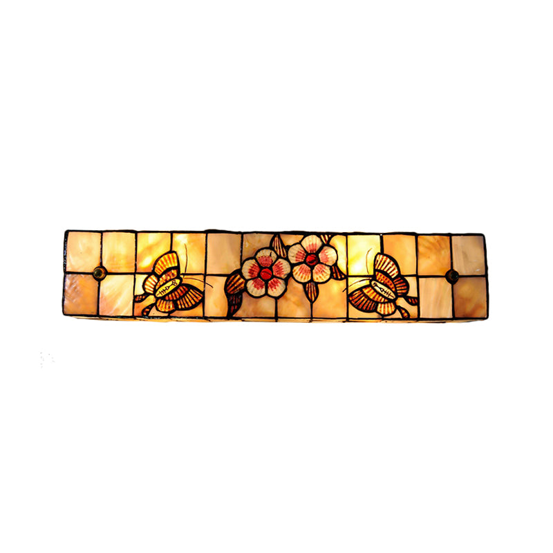 Tiffany Style Linear Wall Light with Square/Flower Pattern 2 Lights Shell Sconce Light in Beige for Living Room