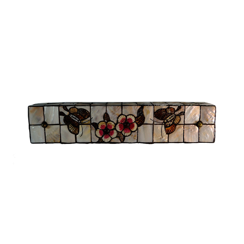 Tiffany Style Linear Wall Light with Square/Flower Pattern 2 Lights Shell Sconce Light in Beige for Living Room
