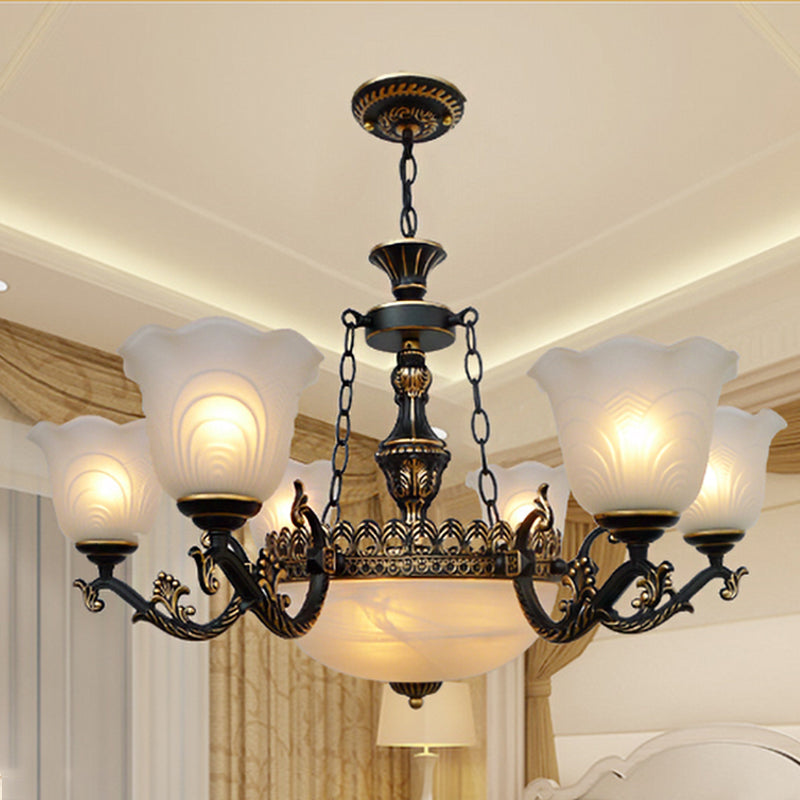 Éclairage pendentif évasé en bronze Verre de texture givrée traditionnelle 9/11 Light Living Room Chandelier