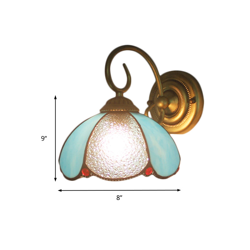 Tiffany Petal Shaped Sconce Light with Curved Arm 1 Light Glass Wall Light in Blue for Study Room