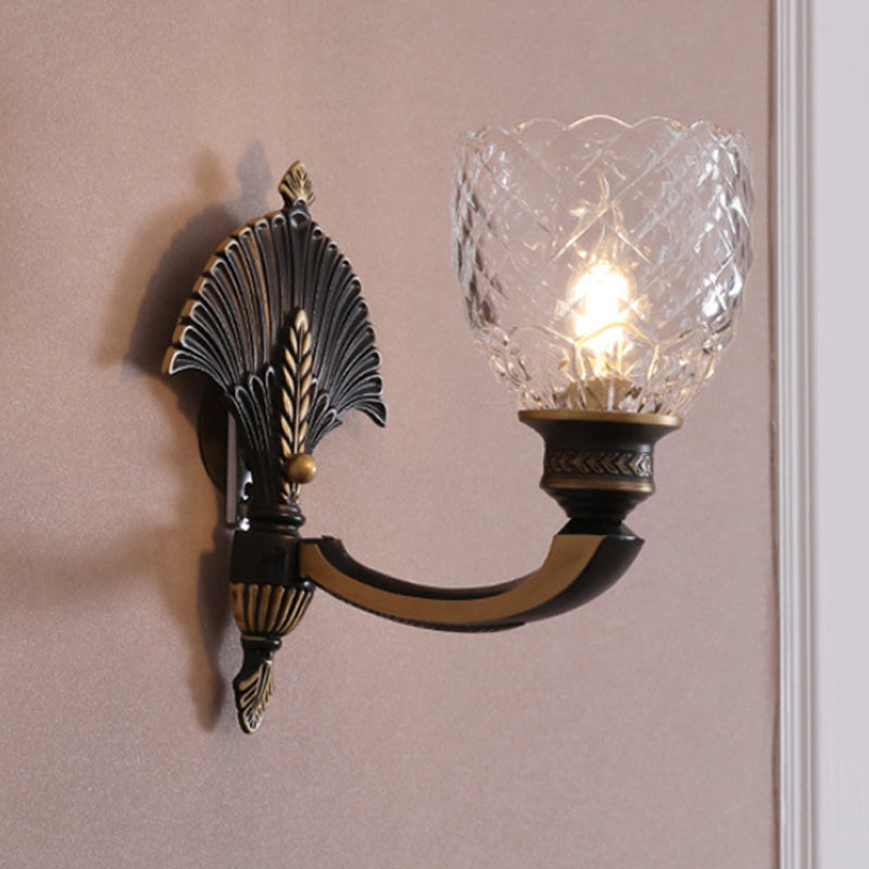 1/2-Light Wall Light Fixture Vintage Dome Clear Glass Wall Sconce with Curved Arm in Brass for Study