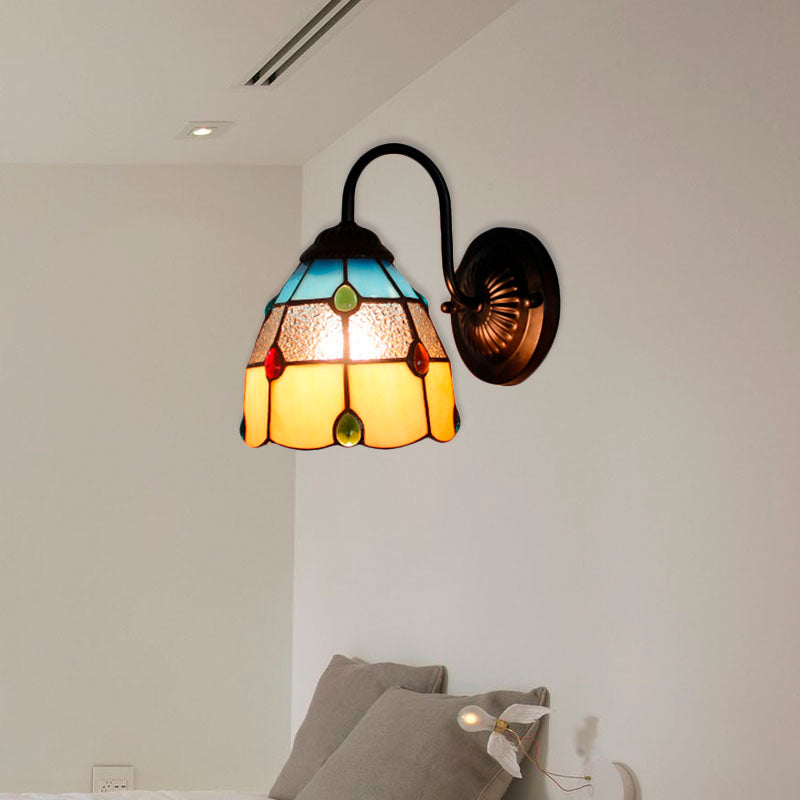 Tiffany Dome Wall Light Fixture 1 Head Yellow-Blue Glass Sconce Light with Agate Decoration