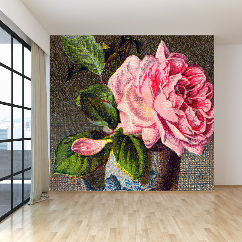 Flower Blossom and Vase Mural Decal Modern Non-Woven Textured Wall Covering in Pink