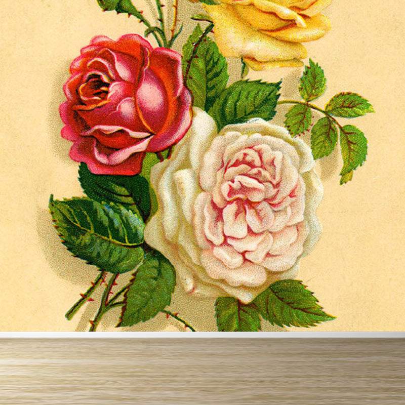 Modern Rose Flower Wall Mural Non-Woven Stain Resistant Beige Wall Art for Kitchen