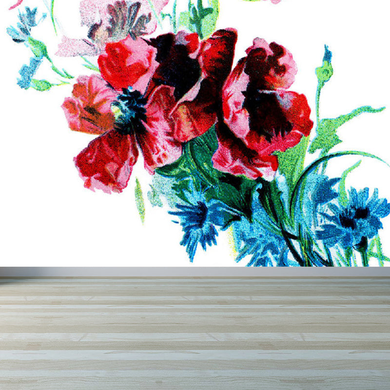 Contemporary Flower Print Mural Decal Red Dining Room Wall Covering, Personalized
