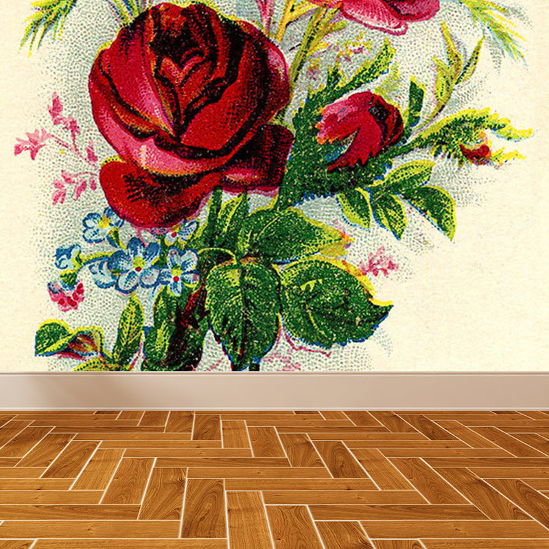 Modern Rose Blossom Mural Decal Green Stain Resistant Wall Covering for Bathroom