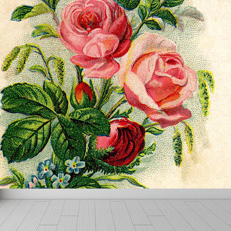 Modern Blossoming Rose Mural Wallpaper Green Summer Florentine Scenery Wall Covering
