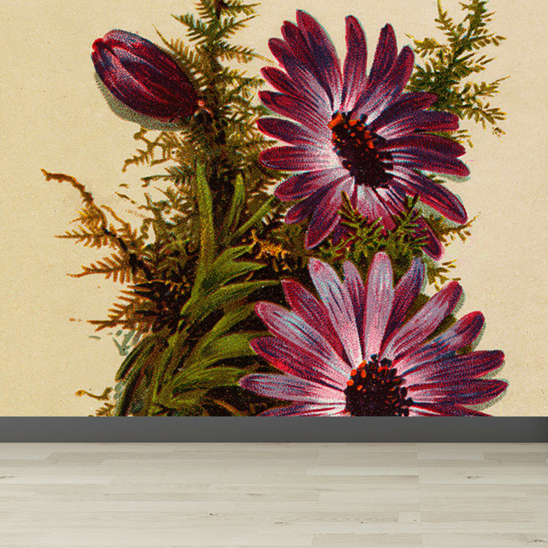 Modern Floral Design Mural Non-Woven Cloth Stain-Proof Purple Wall Art for Bathroom