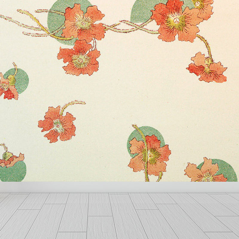Orange Floral Printed Mural Decal Stain Resistant Contemporary Bathroom Wall Covering