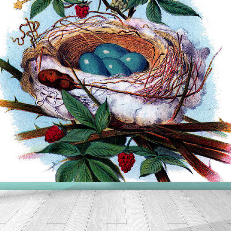 Green Bird's-Nest and Leaves Mural Wallpaper Stain-Proofing Wall Art for Dining Room