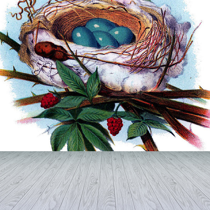 Green Bird's-Nest and Leaves Mural Wallpaper Stain-Proofing Wall Art for Dining Room