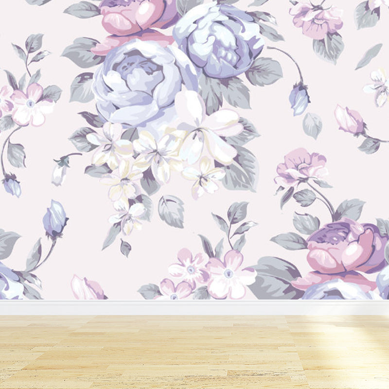 Purple Flower Print Mural Wallpaper Florentine Contemporary Stain Resistant Wall Art