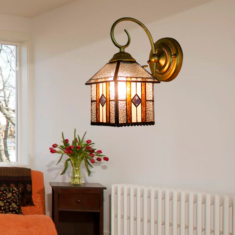 Bedroom Hanging House Wall Sconce Art Glass 1 Head Tiffany Creative Wall Light with Curved Arm in Brass