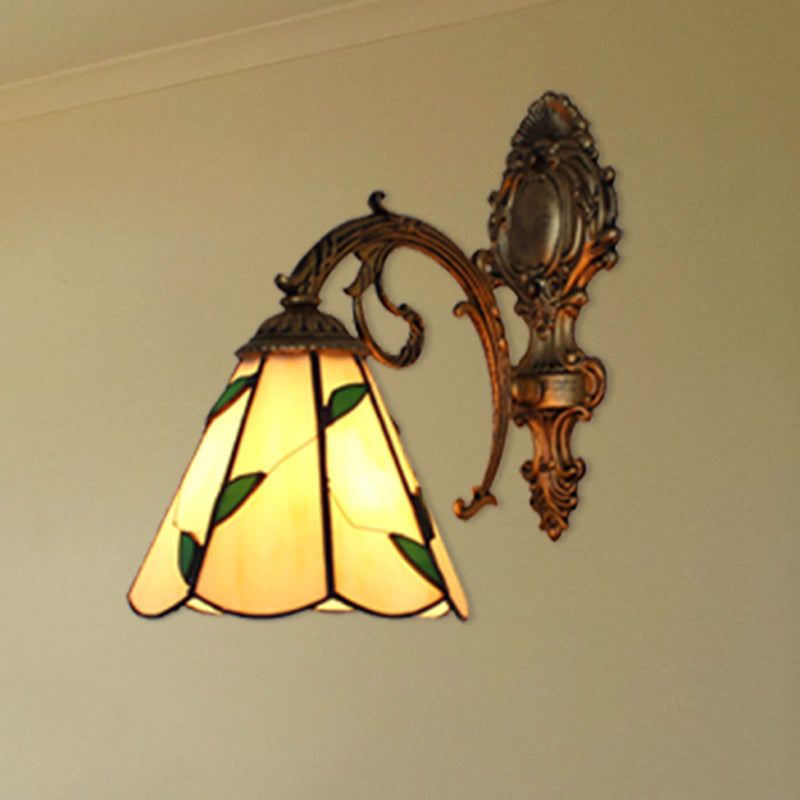 Leaf Corridor Sconce Light with Carved Base Glass 1 Light Tiffany Wall Sconce in Beige