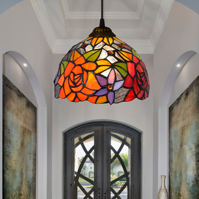 1 Glühbirnenschlafzimmer Anhänger leichte Tiffany Deckenheizlicht mit blühender Orange geschnittener Glasschatten