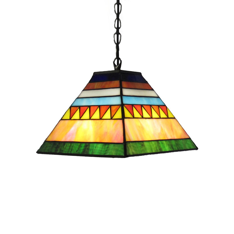 Pyramid Pendant Light Single Bulb Stained Glass Tiffany-Style Hanging Lamp in Orange/Yellow/Orange and Yellow for Hall