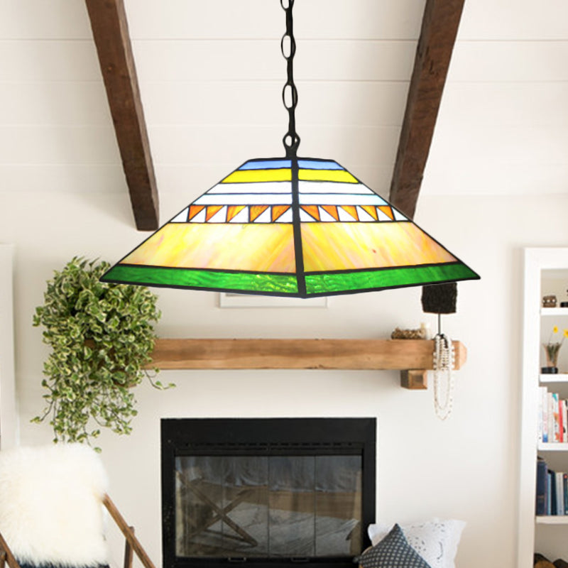 Pyramid Pendant Light Single Bulb Stained Glass Tiffany-Style Hanging Lamp in Orange/Yellow/Orange and Yellow for Hall