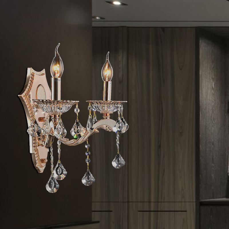 Bare Bulb Sconce Light Fixture Vintage Style Clear Crystal 1/2-Head Gold Finish Wall Mount Light