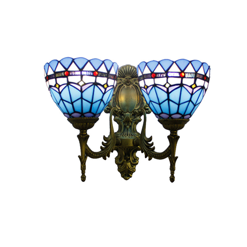 Baroque Bowl Wall Light Fixture Stained Glass 2 Heads Sconce Lighting in Antique Brass for Living Room