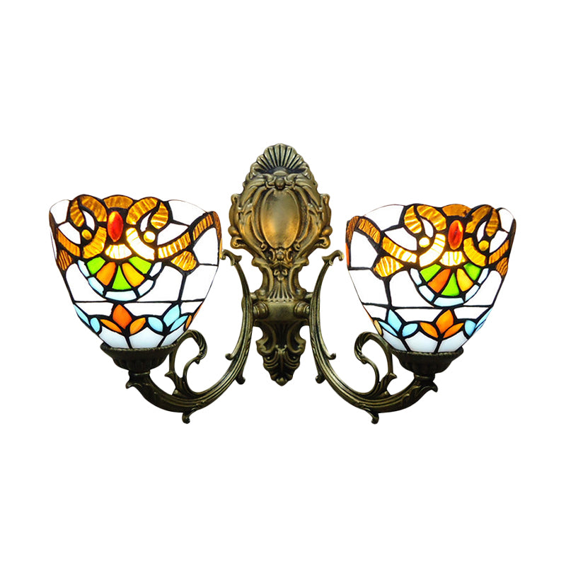 Stained Glass Bowl Wall Lamp with Curved Arm Baroque 2 Heads Wall Sconce Lighting in Aged Brass
