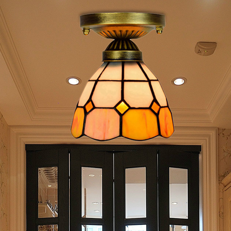 Tiffany Classic Grid Bowl Ceiling Mount Light 8"/6" Width Art Glass 1 Head Orange Ceiling Lamp for Bathroom