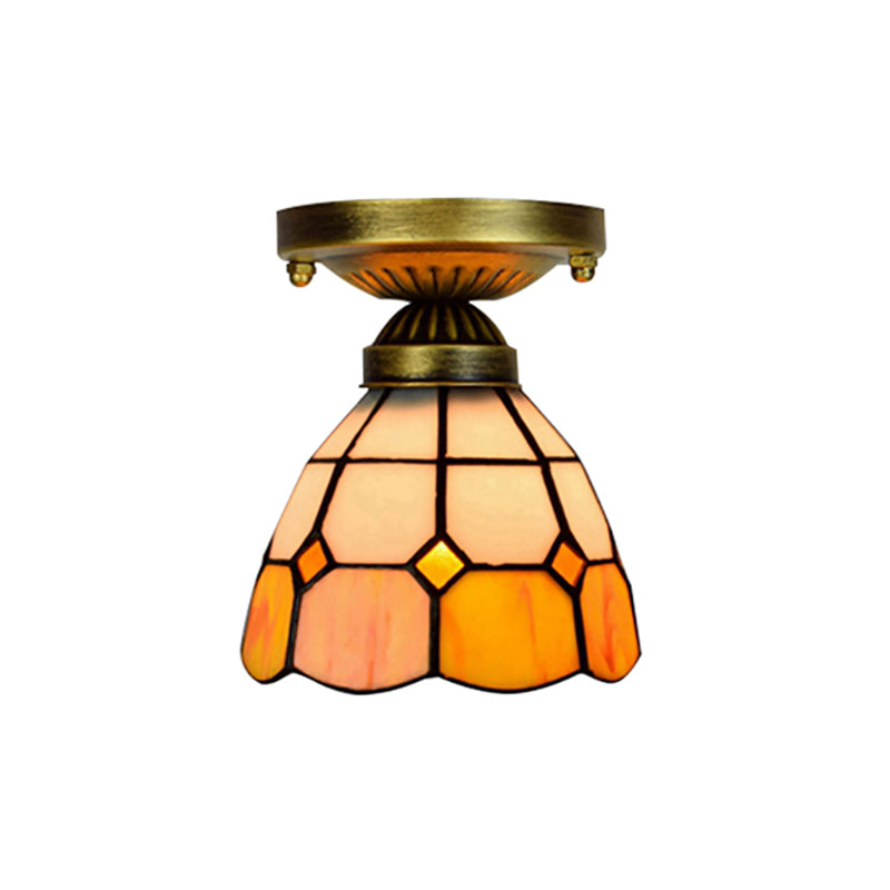 Tiffany Classic Grid Bowl Ceiling Mount Light 8"/6" Width Art Glass 1 Head Orange Ceiling Lamp for Bathroom