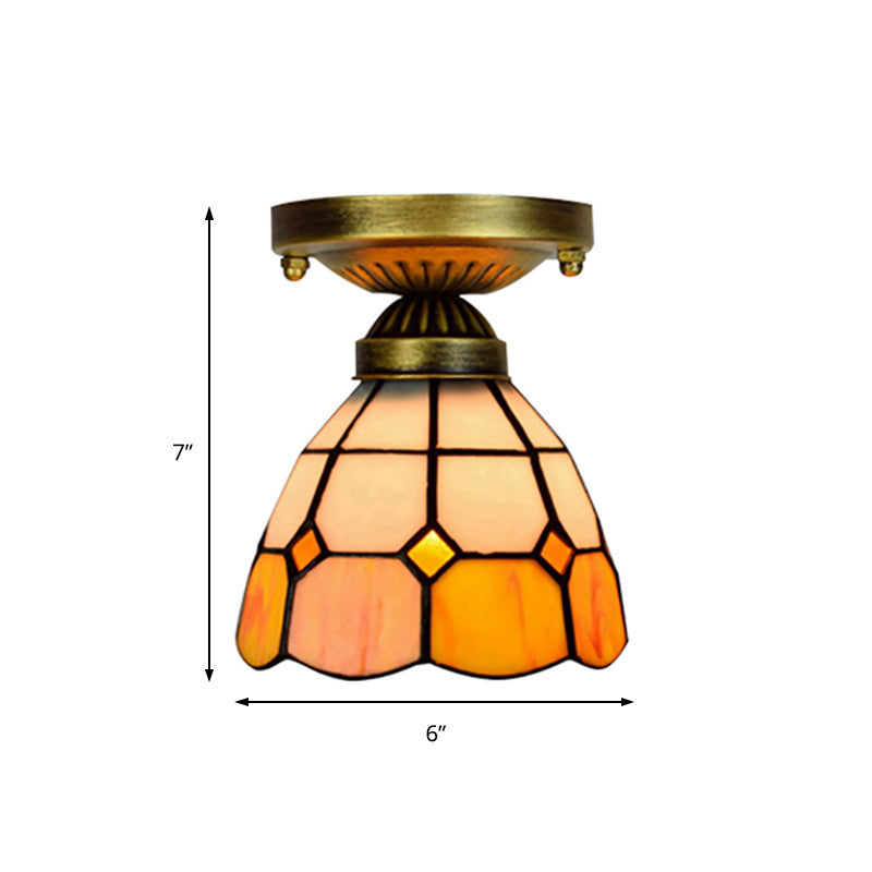 Tiffany Classic Grid Bowl Ceiling Mount Light 8"/6" Width Art Glass 1 Head Orange Ceiling Lamp for Bathroom