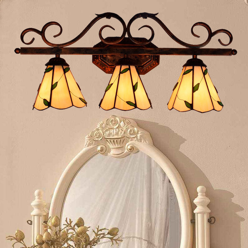 3 Lights Leaf Wall Sconce Lighting Stained Glass Rustic Wall Mount Light in Copper Finish for Bedroom