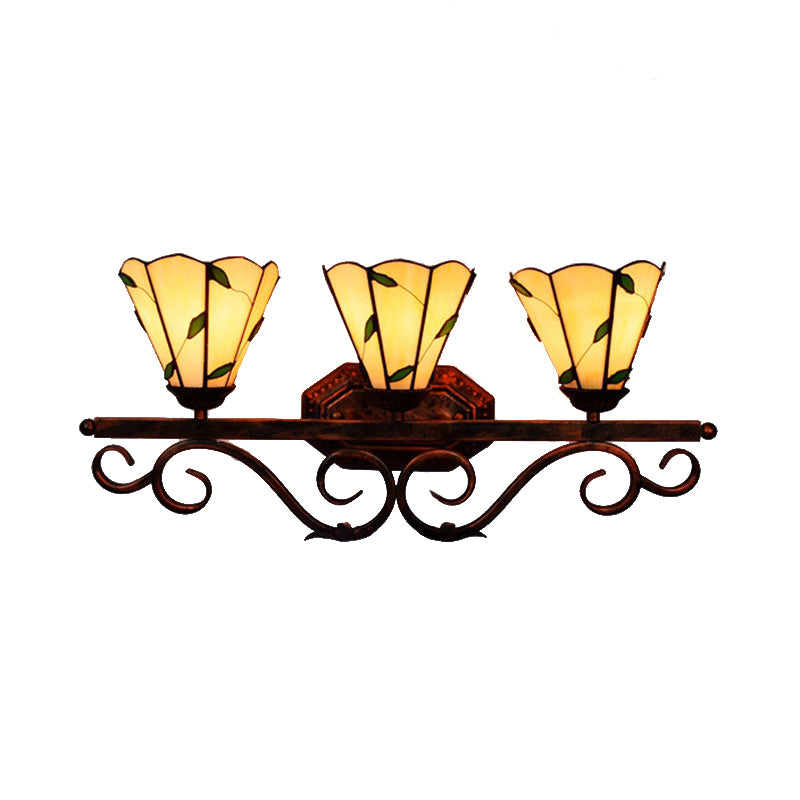 3 Lights Leaf Wall Sconce Lighting Stained Glass Rustic Wall Mount Light in Copper Finish for Bedroom