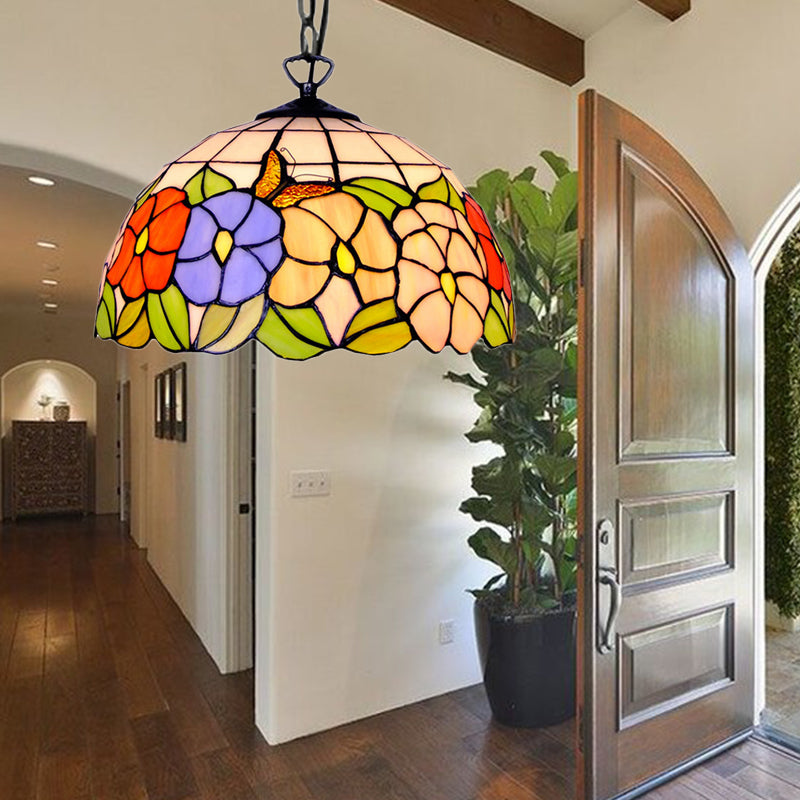 Hemisphere Down Lighting Tiffany-Style 1 Head Black Stained Art Glass Ceiling Hanging Light, 12"/16" Wide