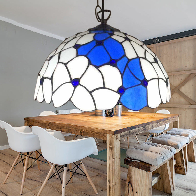 Blue-White Hand Cut Glass Domed Pendant Lamp Baroque 1 Head Ceiling Hanging Light for Dining Room