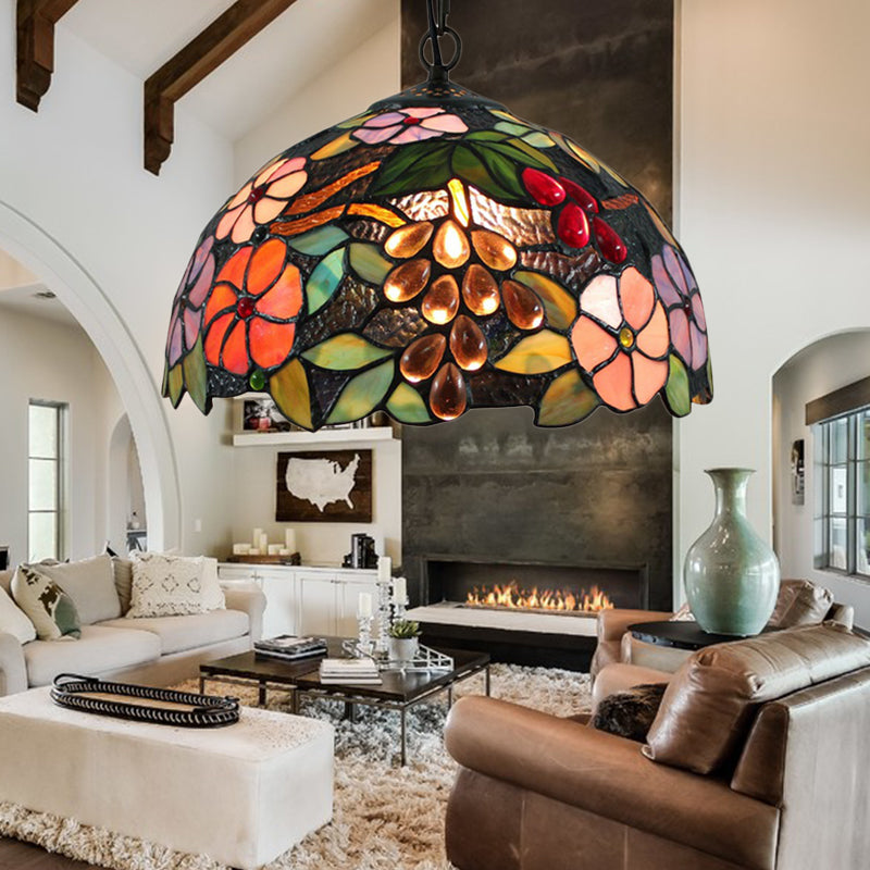 Victorian Floral Suspension Lighting 1 Head Black Stained Art Glass Pendant Light Fixture with Adjustable Metal Chain