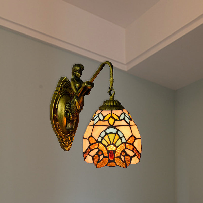 Antique Brass 1 Head Wall Mounted Light Tiffany Multicolor Stained Glass Dome Sconce Light