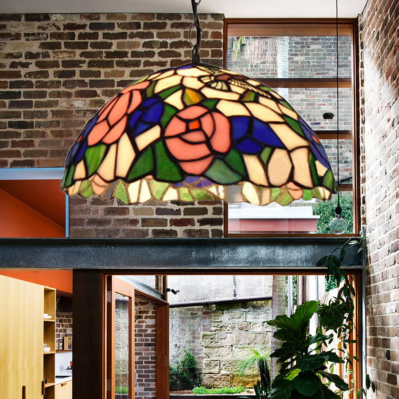 1 Head Bowl Pendant Lamp Baroque Black Stained Glass Suspended Light Fixture with Red/Pink Rose Pattern