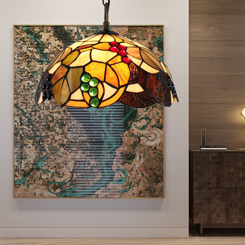 Druivenpaarverlichting Tiffany-stijl 12 "/16" breed 1 kop bruin gesneden glas ophangend plafondlicht