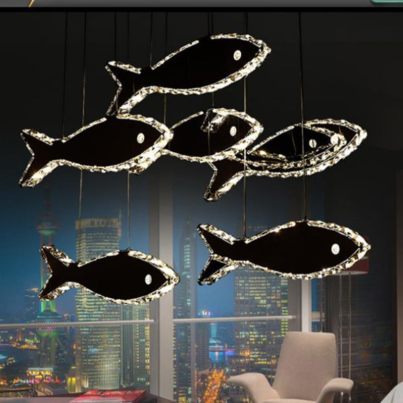 Crystal Fish Ceiling Chandelier Contemporary LED Chrome Hanging Light Fixture in White/Warm Light
