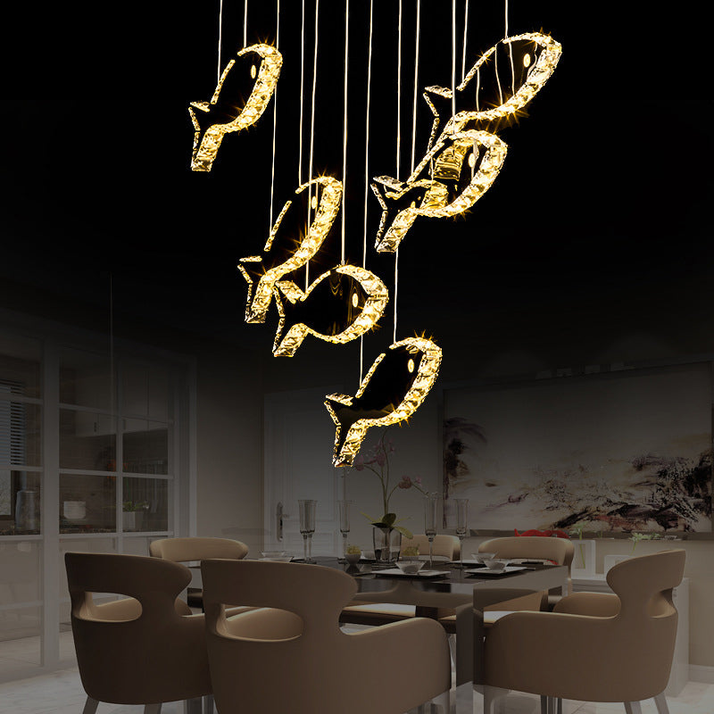 Crystal Fish Ceiling Chandelier Contemporary LED Chrome Hanging Light Fixture in White/Warm Light