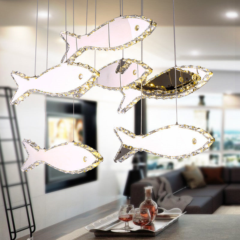 Crystal Fish Ceiling Chandelier Contemporary LED Chrome Hanging Light Fixture in White/Warm Light