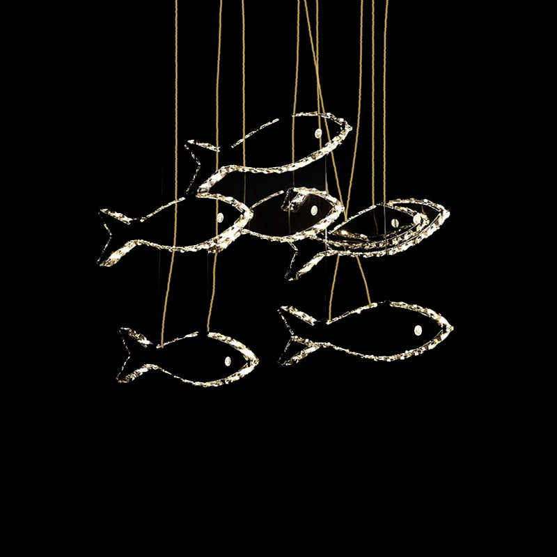 Crystal Fish Ceiling Chandelier Contemporary LED Chrome Hanging Light Fixture in White/Warm Light