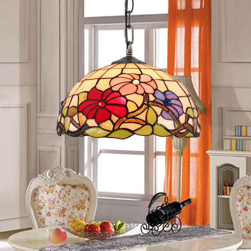 Floral Suspension Light Tiffany Stained Glass 1 Head Black Pendent Ceiling Light for Living Room