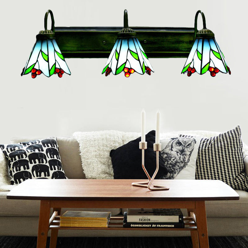 Blue Lily Sconce Light Tiffany 3 Heads Multicolor Stained Glass Wall Mounted Light for Living Room