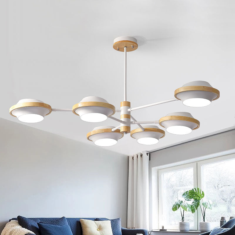 Luz de techo de ovnis blanca Minimalista 3/6 Bulbos de hierro Semi Flush Mount con marco de madera redondo