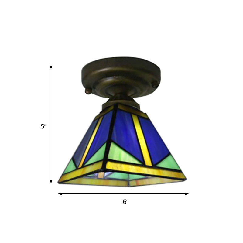 Vintage Tiffany Blue Ceiling Light Pyramid One Light Glass Small Flushmount Light for Hallway