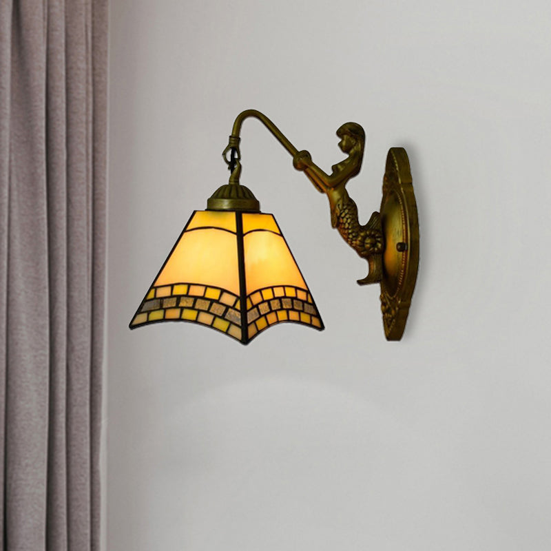 1 Head Wall Light Fixture Tiffany Trapezoid Blue Glass Sconce Lighting with Mermaid Backplate