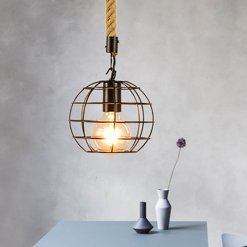 1 Light Metal and Rope Hanging Light Farmhouse Style Black Globe/Cylinder/Barrel Cage Dining Room Pendant Lamp