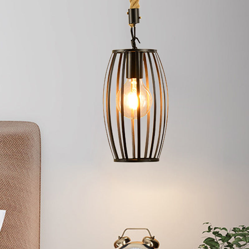 1 Light Metal and Rope Hanging Light Farmhouse Style Black Globe/Cylinder/Barrel Cage Dining Room Pendant Lamp